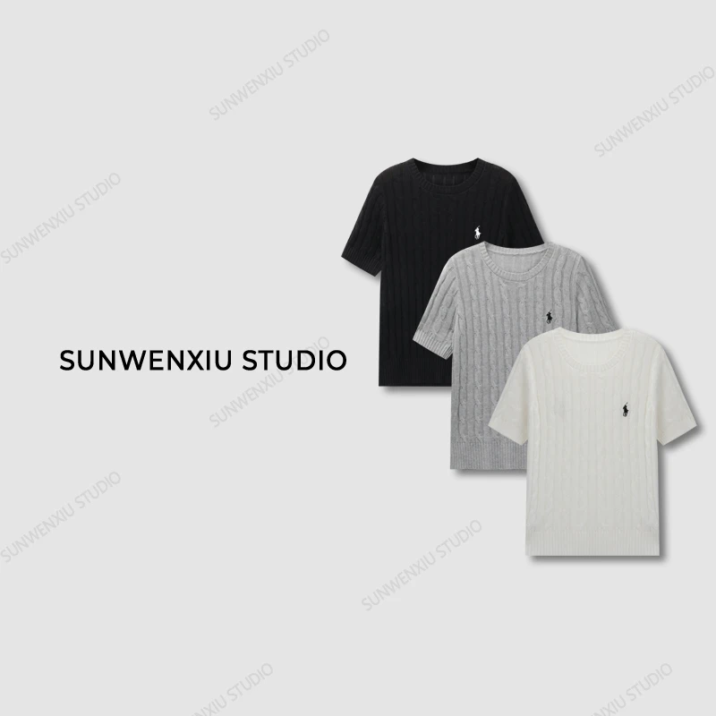 swx studio3店 “世纪经典”老钱风极简圆领麻花小马针织短袖