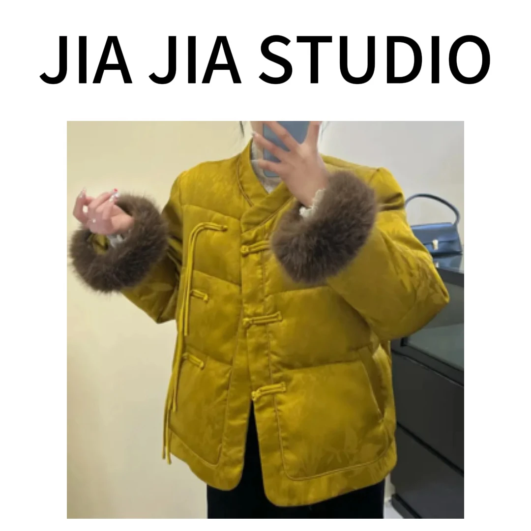 嘉嘉推荐#2427【秋冬加厚款】国风新中式流苏丝绒毛毛袖棉服