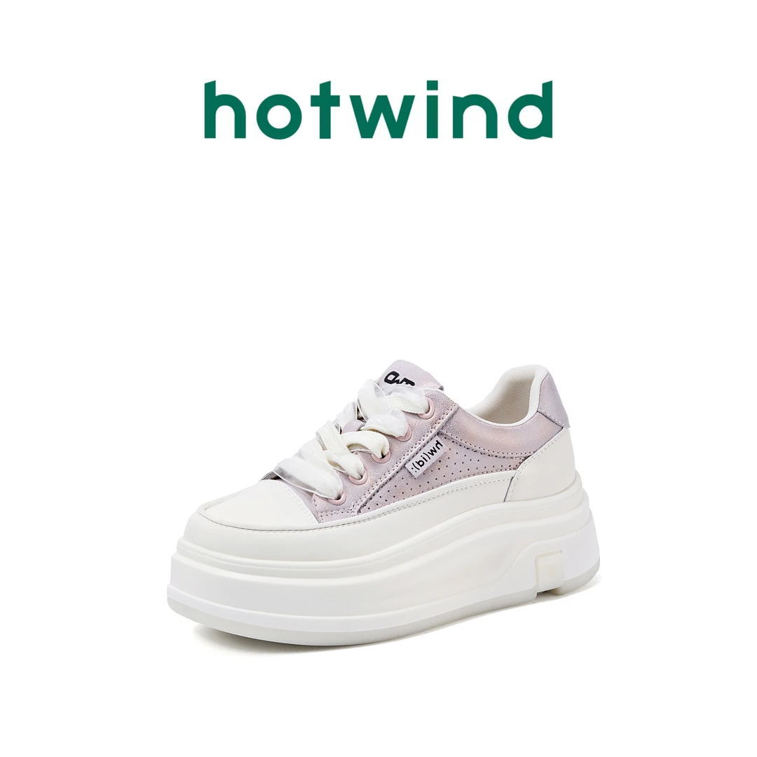 Hotwind/热风简约休闲鞋女2025时尚厚底增高系带松糕板鞋韩版透气