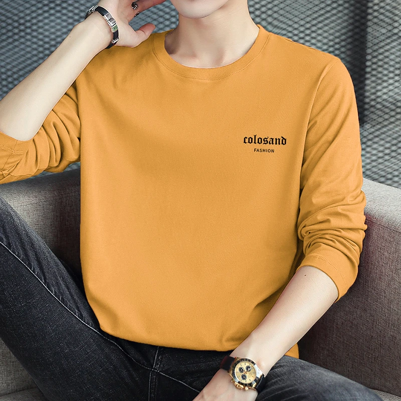 纯棉t恤男长袖秋季宽松圆领上衣服潮牌印花青少年全棉内搭打底衫