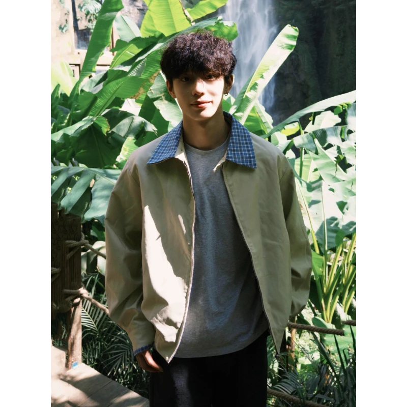 卡其色假两件短款外套男秋季高级感飞行工装夹克宽松百搭情侣外套