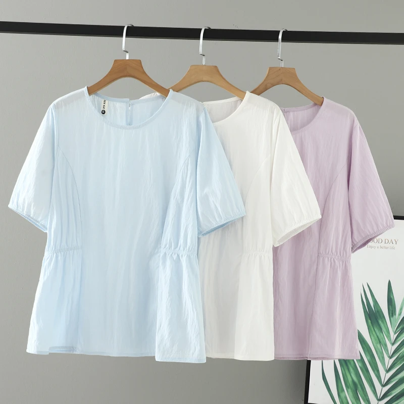 胖妹妹夏装新款女装减龄圆领收腰女衬衣宽松显瘦藏肉纯色大码衬衫