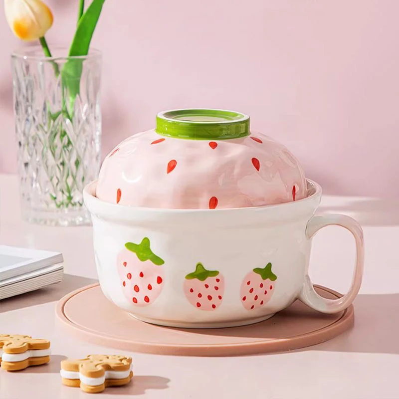 陶瓷泡面碗带盖带手柄高颜值学生宿舍用方便面碗大容量汤碗