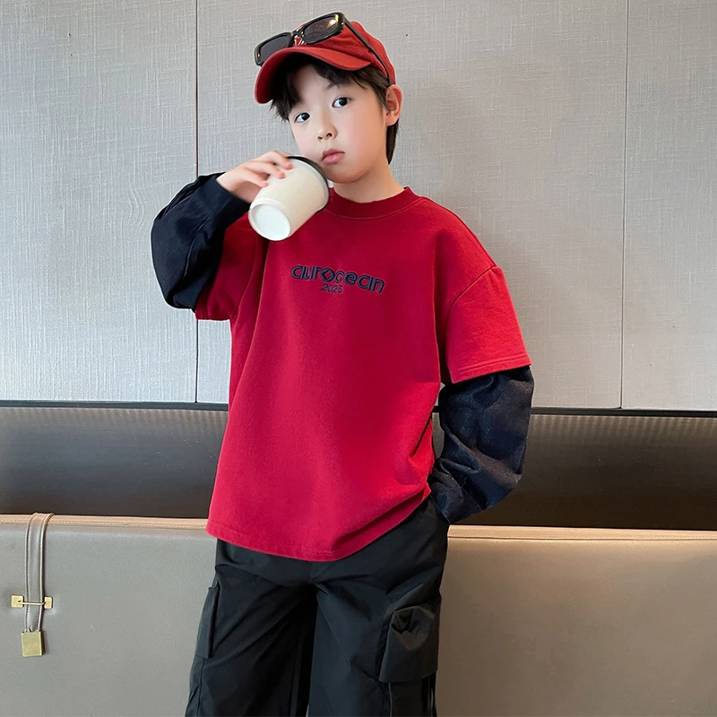 男童假两件红色卫衣2025新款儿童装痞帅洋气内搭中大童长袖打底衫