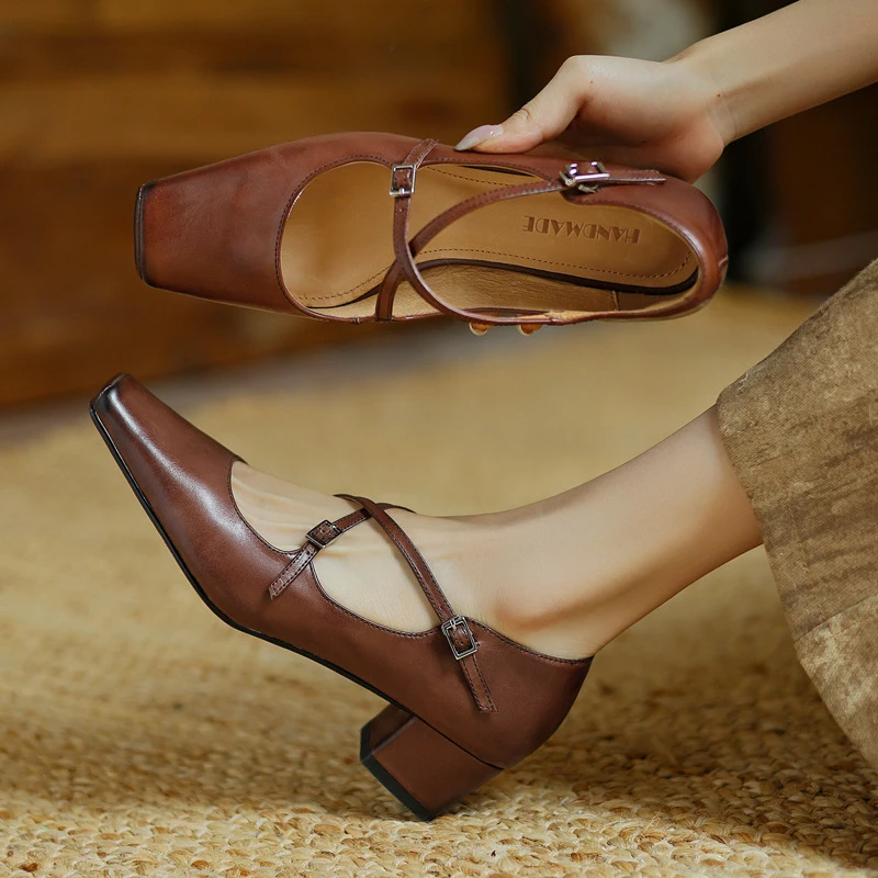 大小码可退质感爆棚牛皮交叉带玛丽珍2025春粗中跟方头真皮单鞋女