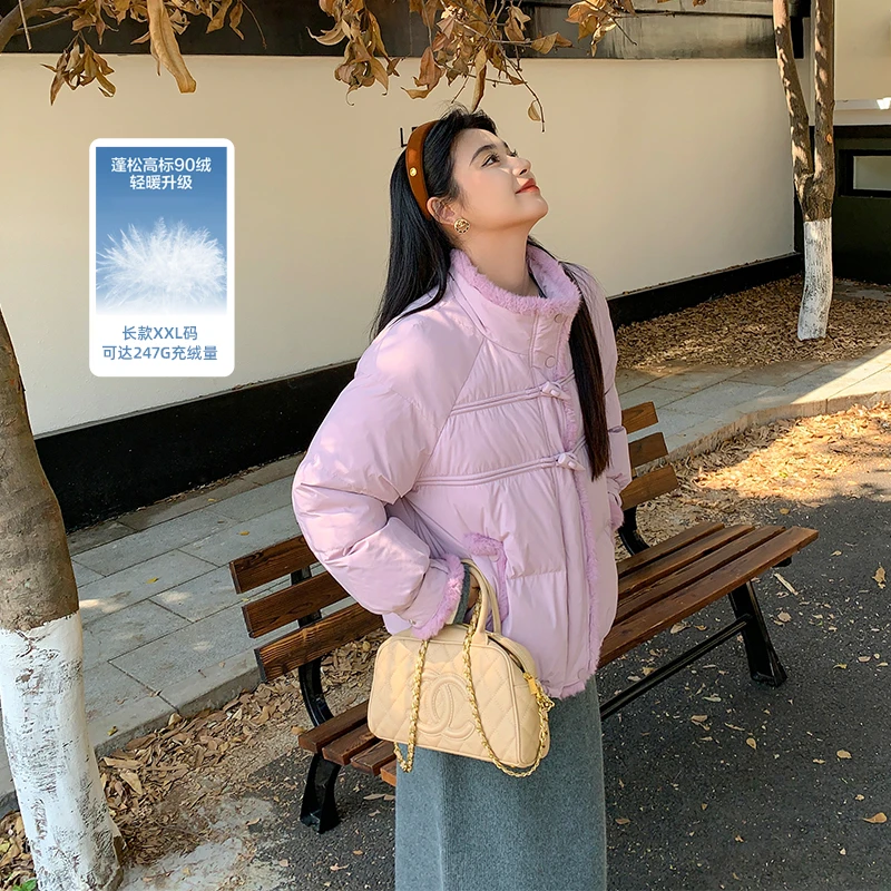 QC裂渡【暖暖欧包】 微胖大码冬季双版本牛角扣长短款羽绒服411D57