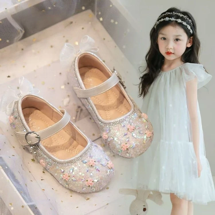 女童公主鞋2025春秋新款儿童亮钻水晶鞋夏季蝴蝶结软底小皮鞋单鞋