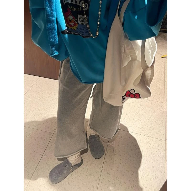 【荟荟啥都会】2025秋冬新款纯棉灰色阔腿八分慵懒韩系卷边卫裤