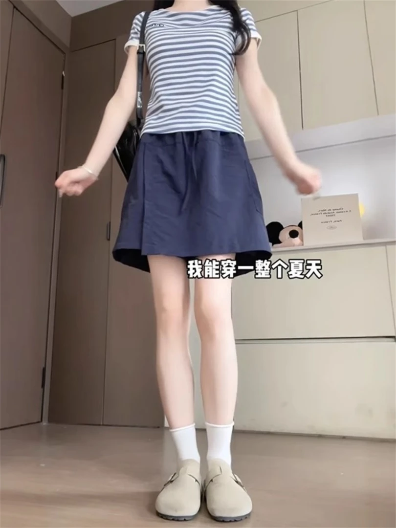 藏青色山本工装裙裤女夏季薄款大码胖mm高腰遮胯显瘦a字五分裤潮