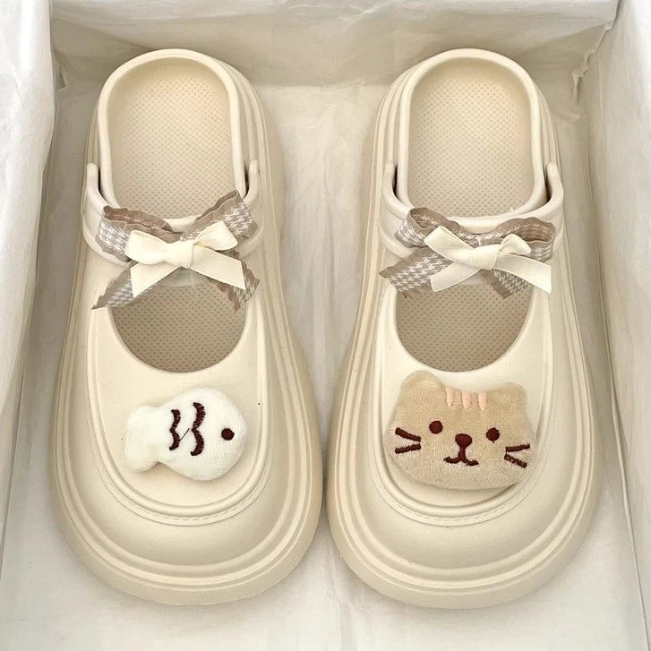 可爱卡通鱼仔猫猫洞洞鞋女2025夏甜美蝴蝶结踩屎感包头凉拖鞋女TT