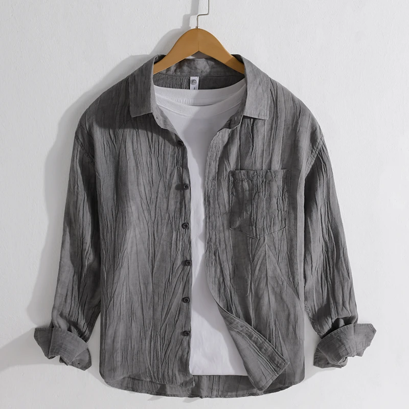 春季高级感小众轻奢苎麻天丝衬衫男长袖痞帅个性压皱衬衣麻料外套