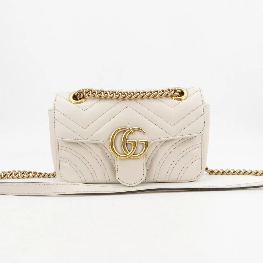 95新 GUCCI/古驰 GGS马蒙小号白色金扣牛皮单肩包/34219848