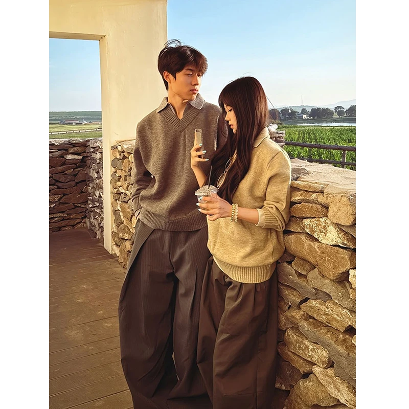 假两件polo衫v领毛衣男款秋季老钱风美式cleanfit内搭打底针织衫