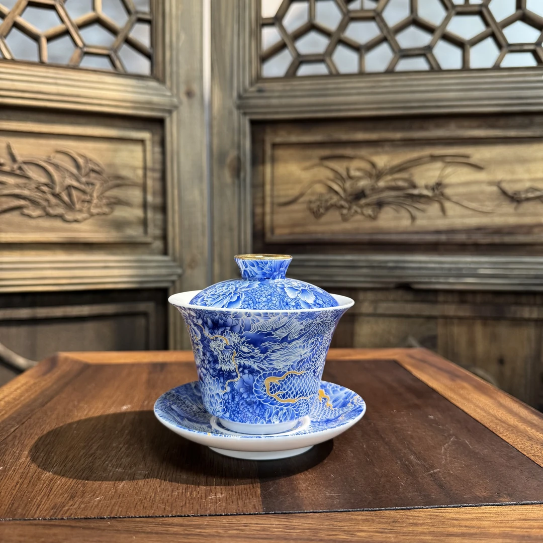 G-0003 掐丝银蓝龙悬停三才盖碗