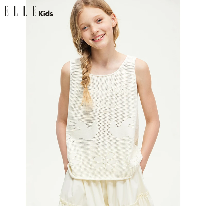 ELLE KIDS 钩针镂空针织背心女童夏季新款度假松弛感绣花上衣A2