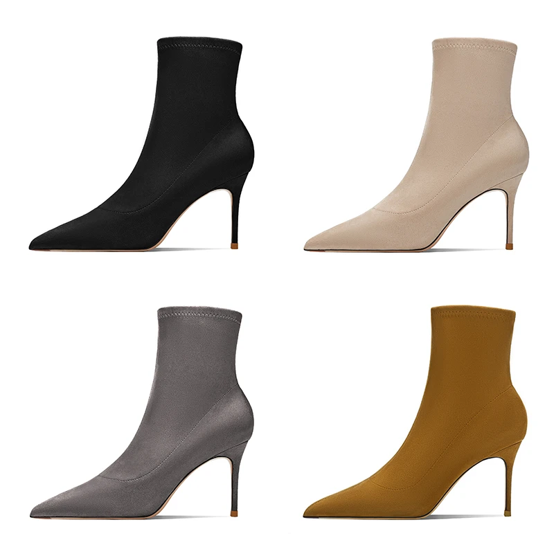 真皮弹力瘦瘦靴女2024年季新款细跟百搭高跟短靴气质尖头靴子