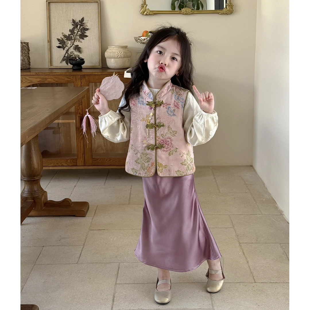 壹妈童装女童2025秋装新款中国风新中式气质碎花马甲上衣女宝套装