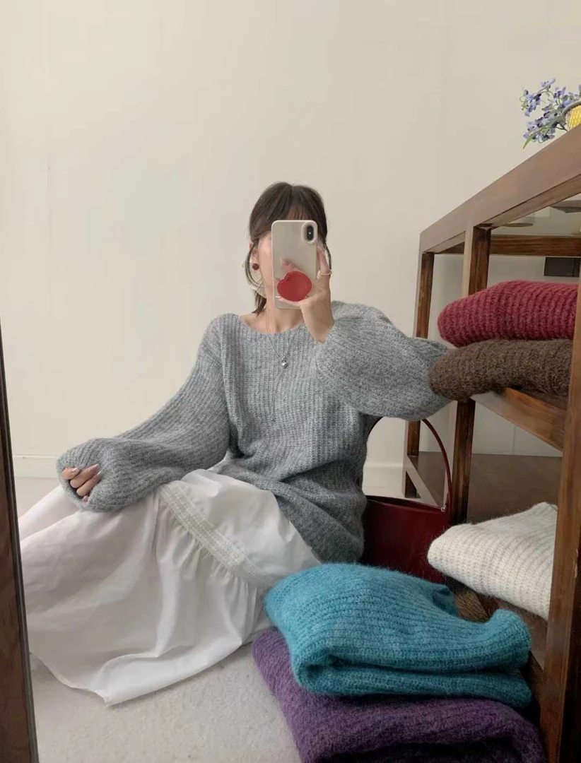 慵懒风针织衫毛衣女秋冬大码胖mm显瘦中长款遮屁股打底衫遮臀上衣