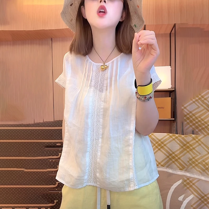 白色亚麻设计感衬衫女短袖2025夏季新款时尚显瘦减龄褶皱休闲上衣