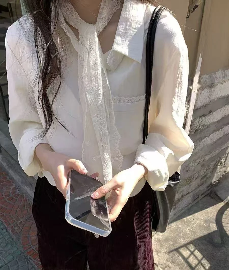 韩系白色衬衫女春季设计感别致叠穿内搭绝美衬衣蕾丝围巾系带上衣