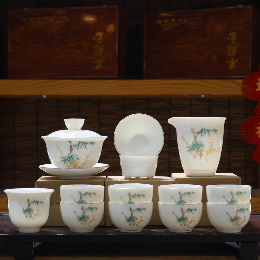 【有一窑】羊脂玉瓷竹报平安茶具套装