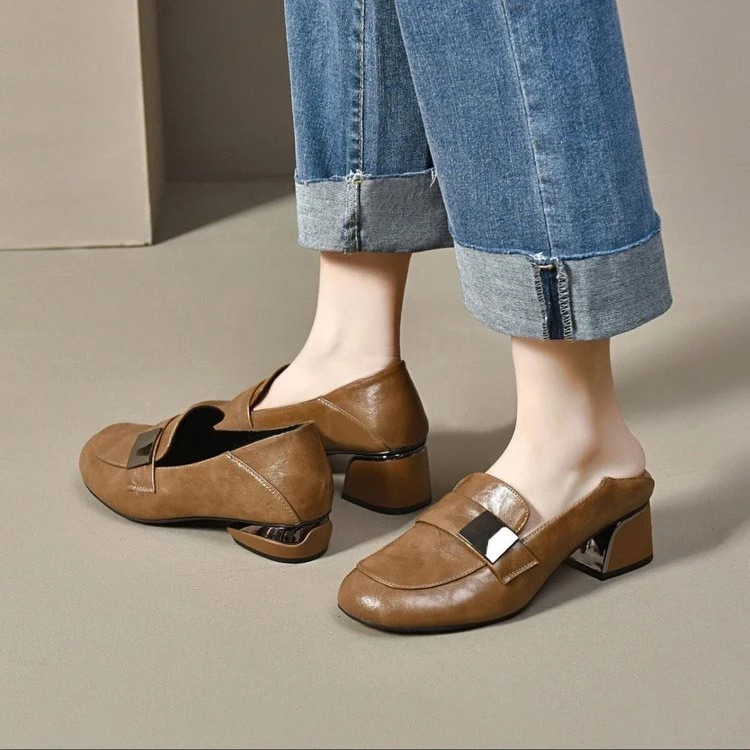 乐福鞋女英伦小皮鞋软底圆头粗跟单鞋百搭中跟春秋季棕色女鞋