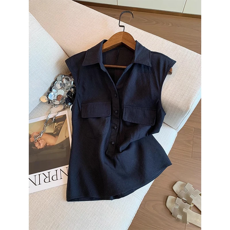 老钱风藏青色洋气无袖衬衫女夏季新款高级感简约气质显瘦背心上衣