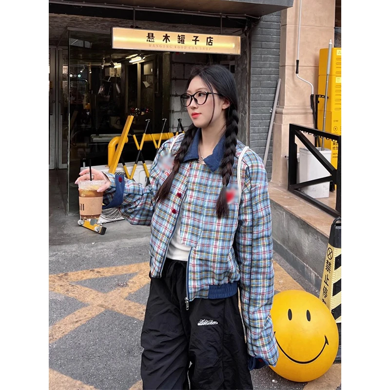 美式爱心格纹满印短款上衣女春秋季复古宽松百搭翻领休闲外套开衫