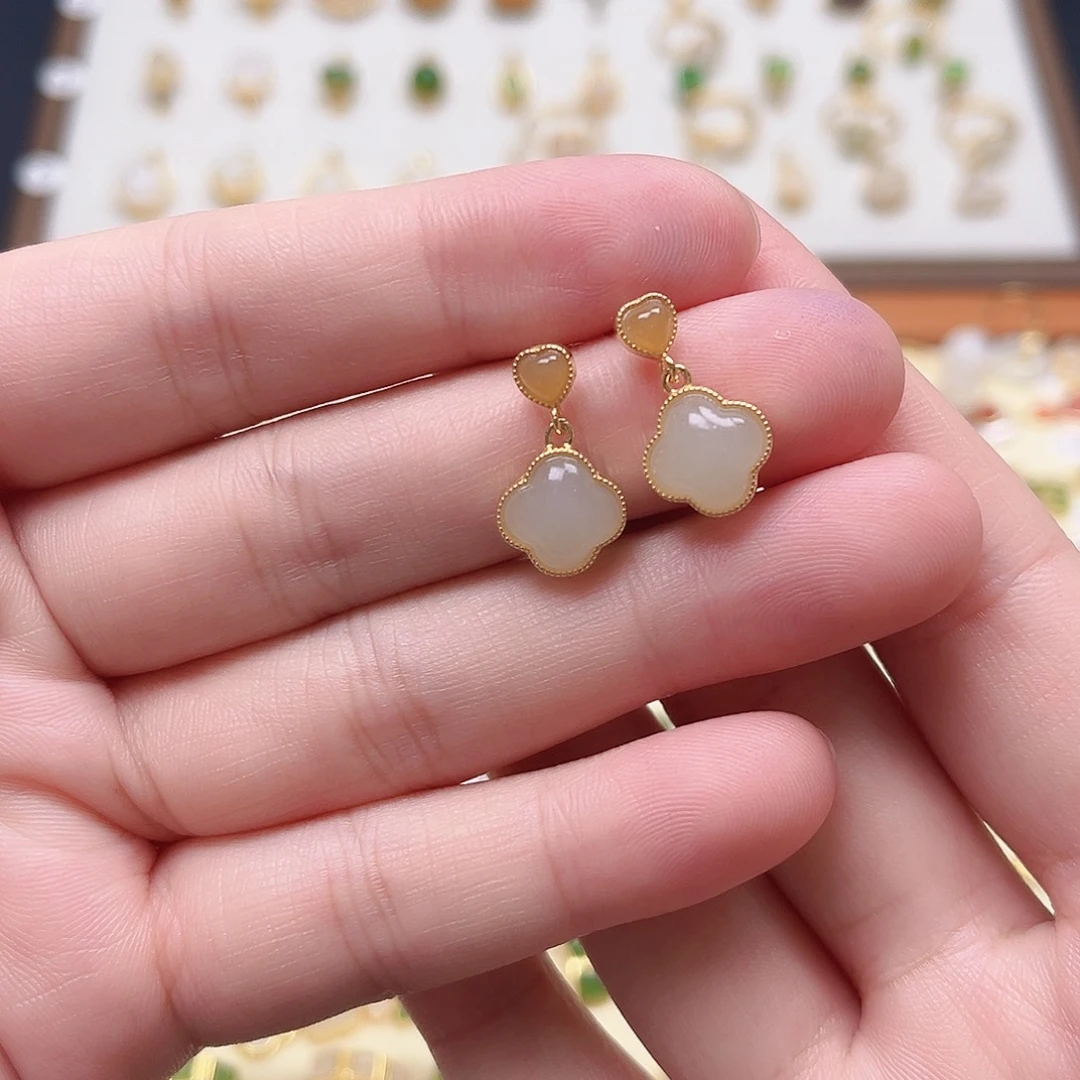 和田玉银S925镶嵌耳饰