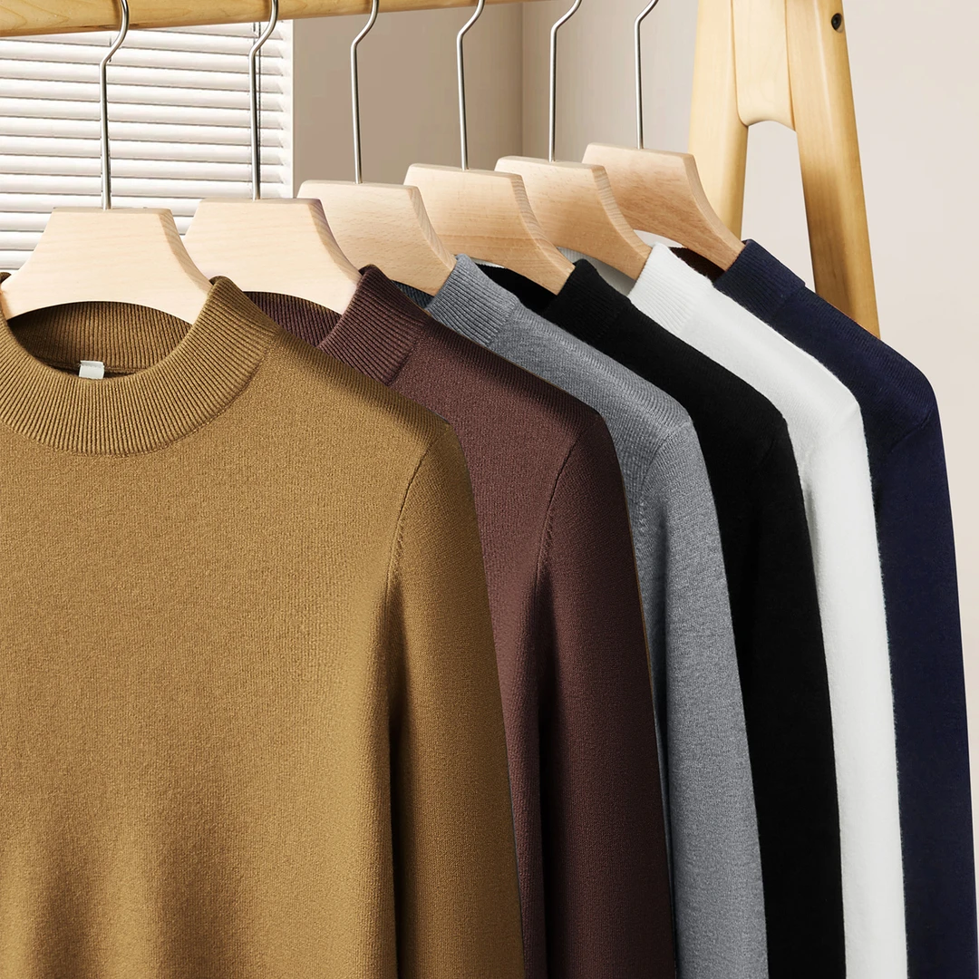 吸湿蓄热混纺含绵羊毛长袖针织衫毛衣2025新款男士中领简约打底衫
