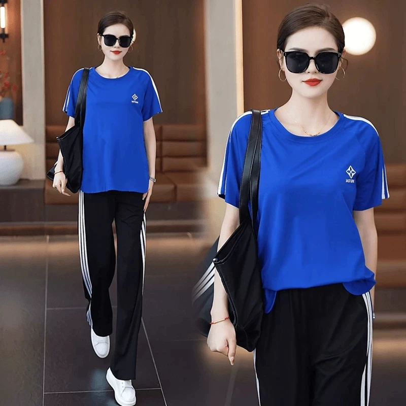 夏季时尚休闲运动服套装女2025新款韩版宽松显瘦遮肉阔腿裤两件套