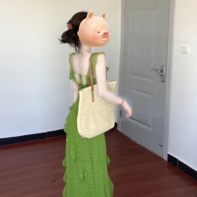 2025新款夏日绝美荷叶边绿色碎花吊带连衣裙子女海边度假收腰长裙