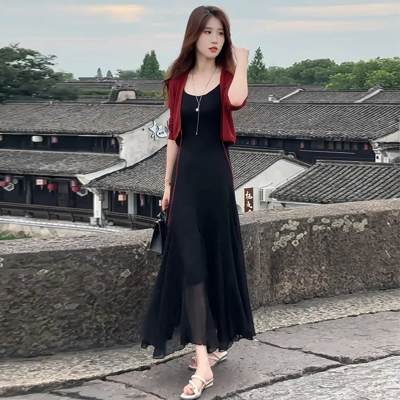 海边度假连衣裙女夏季新款开衫吊带裙一整套沙滩拖地雪纺长裙