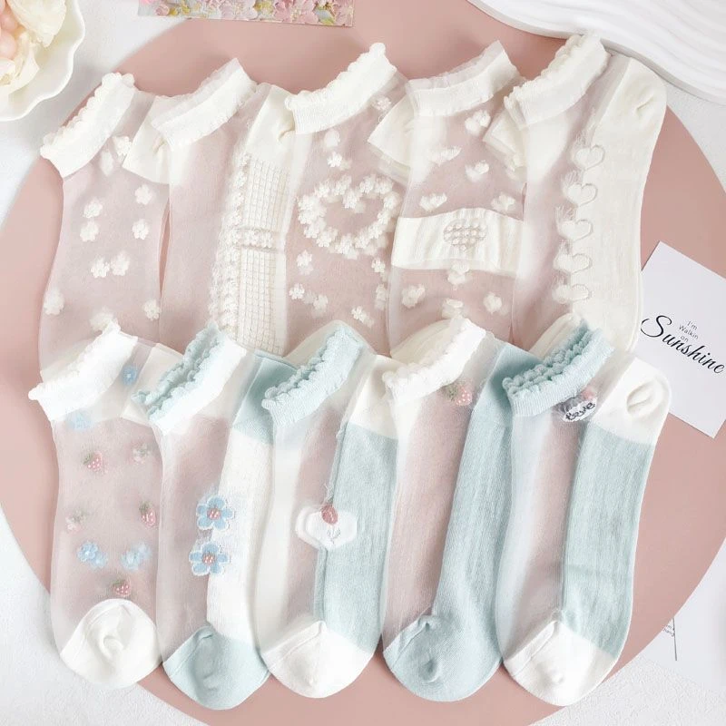 女士公主袜蕾丝薄款日系袜子女冰丝船袜花边可爱透明丝袜短筒