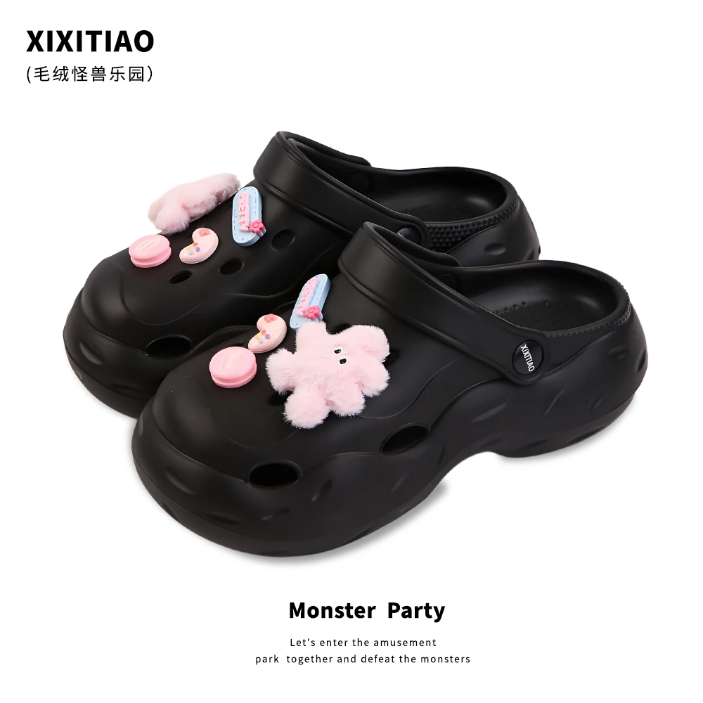 细细条 新款包头拖鞋ins粉色毛绒小兔厚底女夏学生户外防滑洞洞鞋