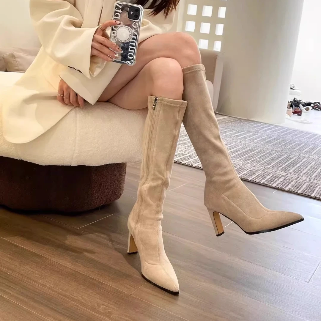 啄木鸟长筒高跟靴女2025新款尖头显瘦绒面弹力瘦瘦靴百搭高筒靴