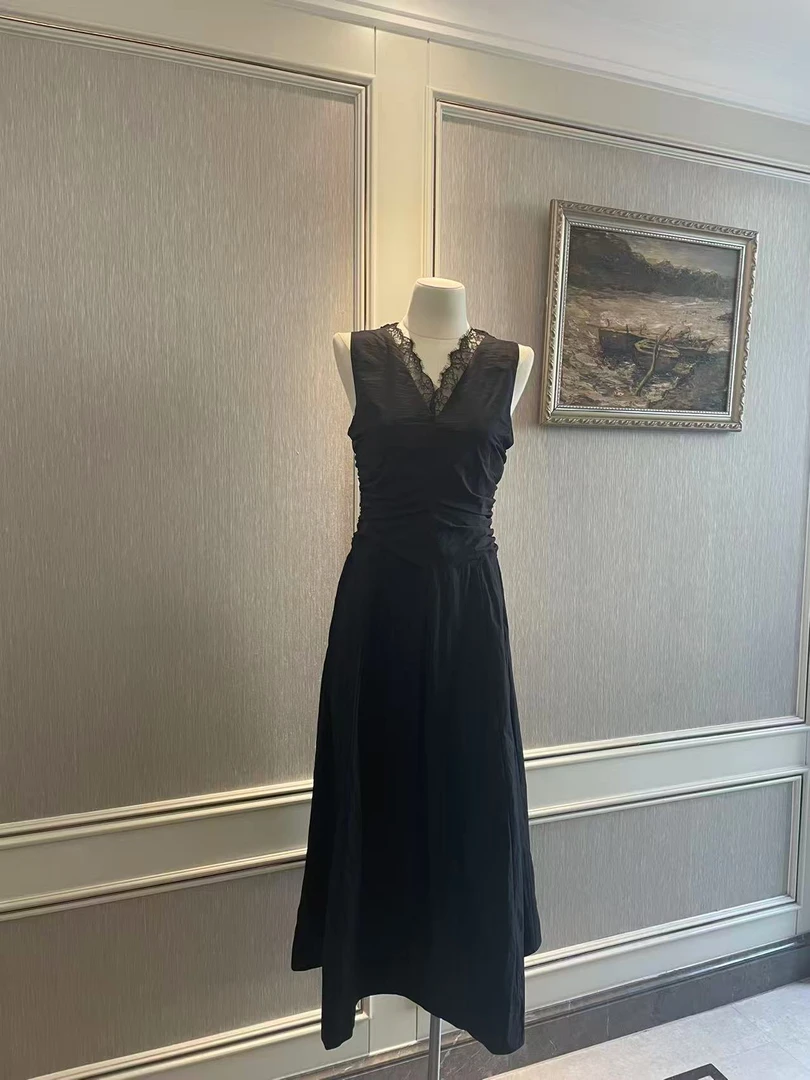 文艺复古无袖显瘦连衣裙V领透气蕾丝女士拉链裙气质