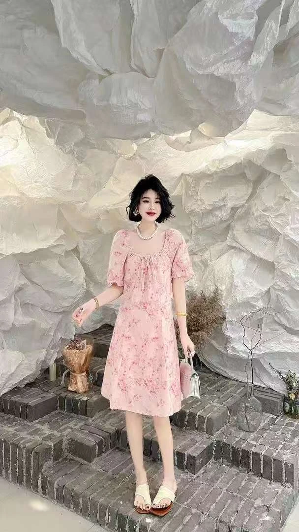 夏季田园系碎花中长款7872方领修身显瘦大码女生连衣裙不臃肿