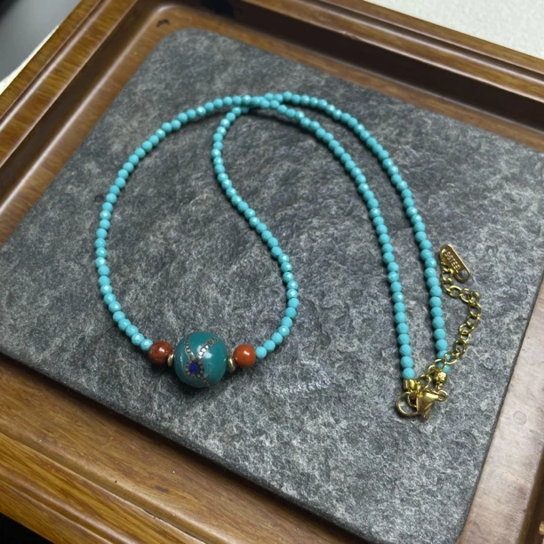 合金项链 LZ6722尼泊尔镶嵌蓝色老琉璃蓝色小米珠项链