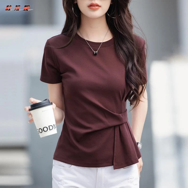 杜拉妮短款正肩短袖T恤女款夏季2025设计感褶皱收腰百搭法式上衣