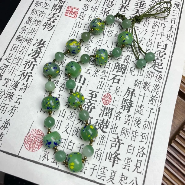 合金项链 LZ7069绿色点彩鼓珠绳编琉璃项链