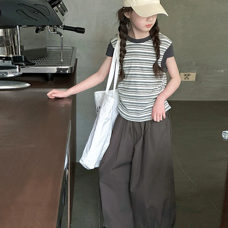 女童夏季套装2025新款洋气时髦条纹萝卜裤两件套6-12岁中大童夏款