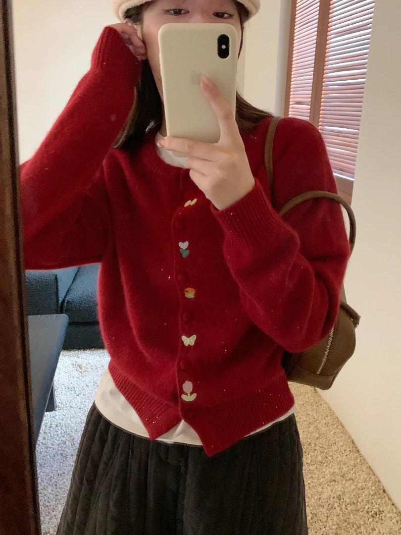 【素简.820121】秋冬新款包扣彩色刺绣开衫红人上新针织衫