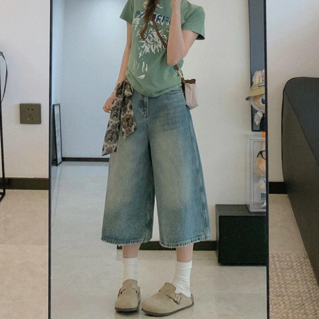 浅色阔腿牛仔七分裤女夏季新款大码胖mm宽松显瘦梨型身材直筒裤子