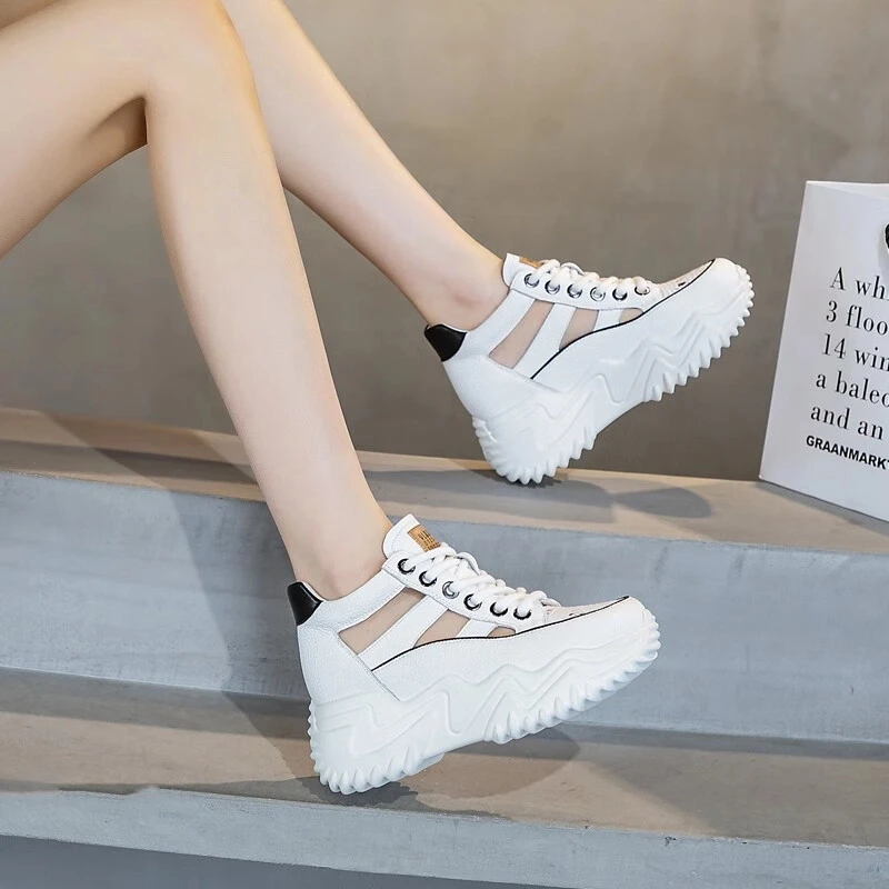 万达撤柜头层牛皮老爹鞋2025秋季女鞋子内增高小白鞋镂空透气休闲