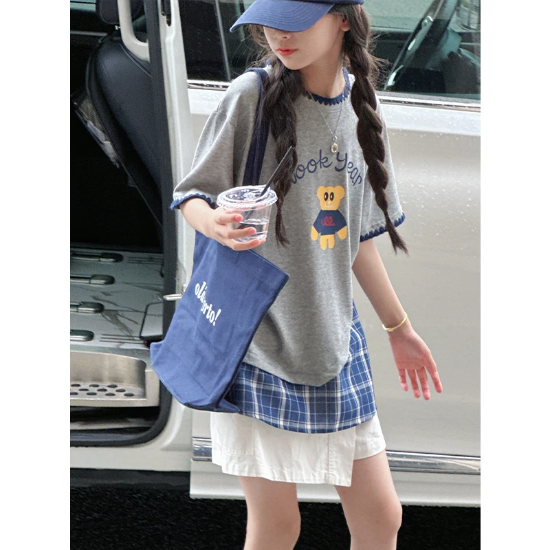 K29323假两件拼接女童夏装T恤短袖2025新款儿童上衣休闲大童衣服t