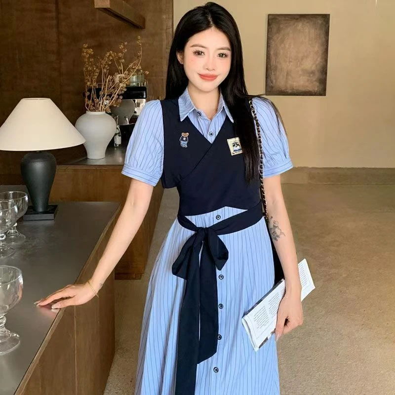 大码胖mm夏季收腰显瘦气质法式高级感假两件学院风条纹衬衫连衣裙