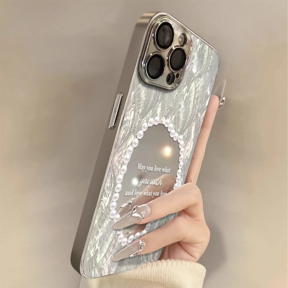 适用于苹果16promax女款电镀镜面手机壳iPhone15珍珠镜子镜头全包