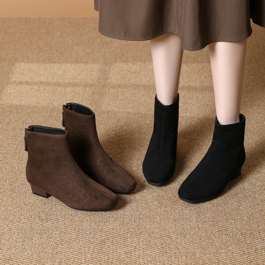 【品牌力荐】2025秋冬高级感真皮磨砂方头短靴女瘦瘦靴8180
