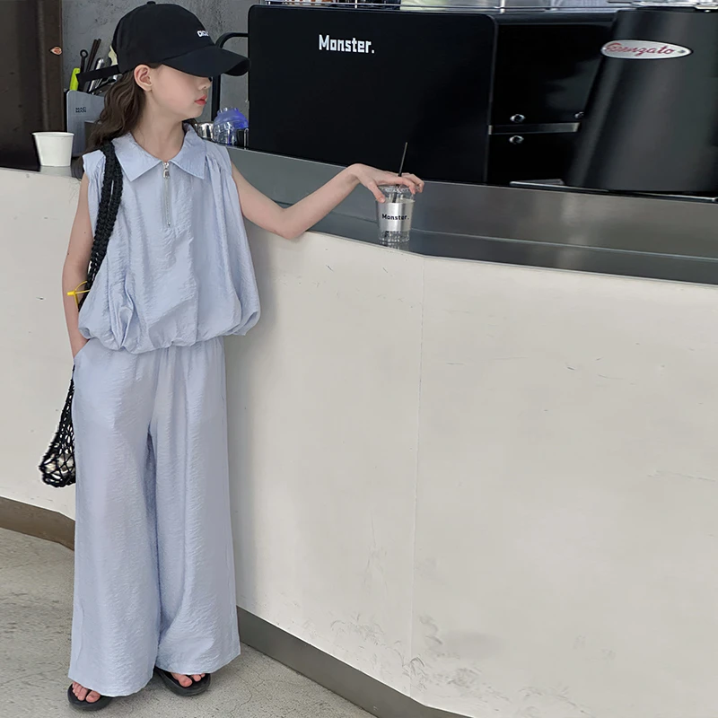 女童夏季套装2025新款洋气时尚纯色高品质蓬蓬衫6-12岁中大童夏款